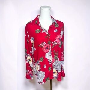 THE SHIRT By Rochelle Behrens Blouse Size M Red Multicolor Floral GUC
